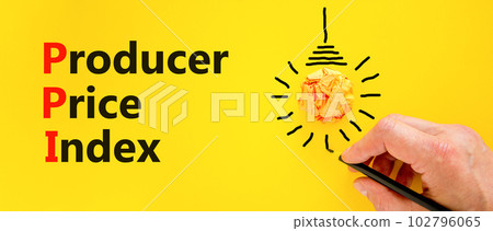 PPI Producer price index symbol. Concept words PPI Producer price index on yellow paper. Beautiful yellow table yellow background. Business and PPI Producer price index concept. Copy space. 102796065