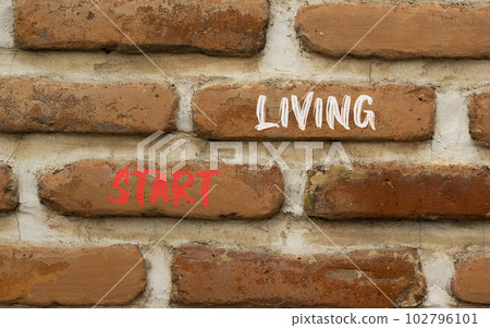 Start living symbol. Concept words Start living on beautiful red brown brick wall on beautiful red brown brick wall background. Business and Start living concept. Copy space. 102796101
