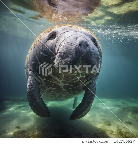 A manatee underwater shooting. Sea cow, large marine animal, mammal. Close-up A manatee underwater shooting. Sea cow, large marine animal, mammal. Close-up 102796627