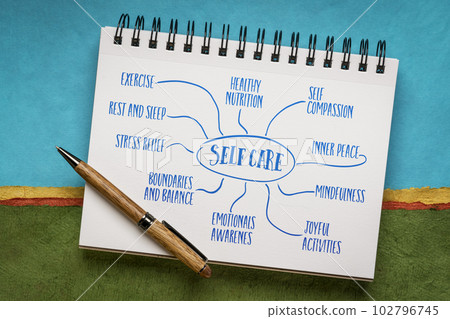 self care - mind map sketch in a spiral sketchbook against colorful abstract landscape, healthy lifestyle and personal development concept 102796745
