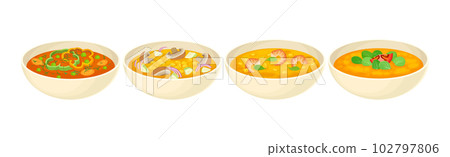 Different Dish and Food Served on Plate with Garnish Vector Set Different Dish and Food Served on Plate with Garnish Vector Set 102797806