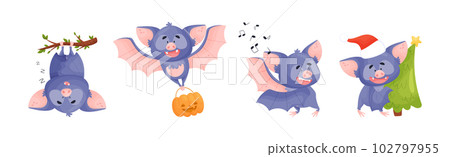 Funny Purple Bat Character Engaged in Different Activity Vector Set 102797955