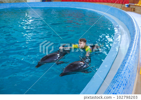 Dolphins swimming with happy little girl in Dolphinarium 102798203