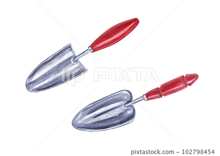 Small steel shovels with red wooden handles isolated on white background. Hand tools to prepare soil for planting. Watercolor illustration for the design of booklet, flyer, label, package. 102798454