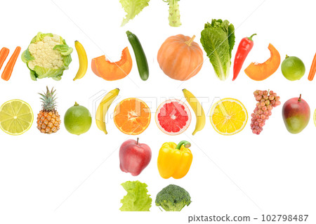 Seamless pattern of fresh juicy vegetables and fruits useful for health isolated on white Seamless pattern of fresh juicy vegetables and fruits useful for health isolated on white 102798487