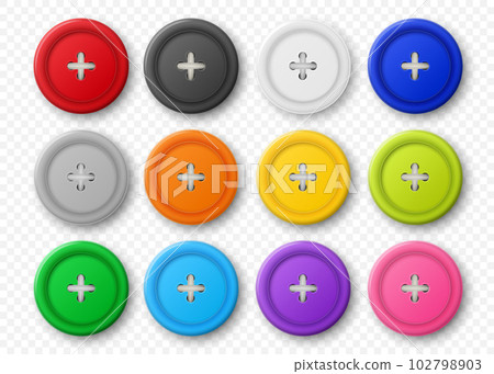 Vector 3d Realistic Buttons for Clothes Icon Set Closeup Isolated. Fashion, Art, Needlework, Sewing, Scrapbooking Decor. Round Clothes Button Collection, Top View 102798903