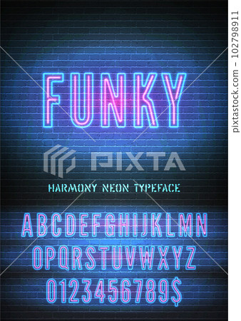 Funky sign and pink blue neon narrow bold font with numbers on vector brick wall background. Carefree night light alphabet glow effect 102798911