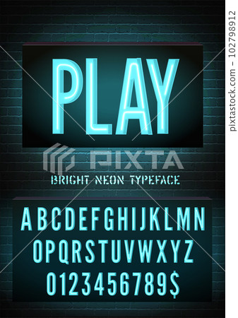 Narrow blue neon box font with numbers on brick wall background. Vector play night light box sign Narrow blue neon box font with numbers on brick wall background. Vector play night light box sign 102798912