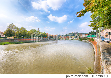 Fabulous  Verona cityscape view on the riverside with historical buildings and towers. 102798931