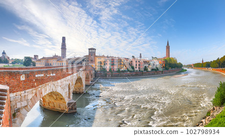 Amazing Verona cityscape view on the riverside with historical buildings ,bridges and tower Amazing Verona cityscape view on the riverside with historical buildings ,bridges and tower 102798934