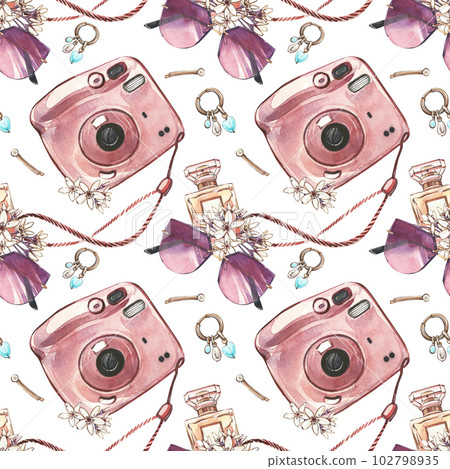 Seamless pattern instant photo camera, sunglasses, perfume bottle isolated on white. Watercolor hand drawn illustration 102798935