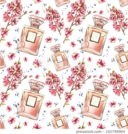 Seamless pattern glass perfume bottle with branch pink flowers isolated on white. Watercolor hand drawing illustration Seamless pattern glass perfume bottle with branch pink flowers isolated on white. Watercolor hand drawing illustration 102798964