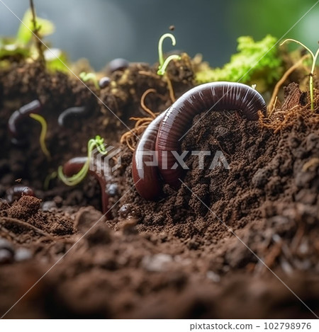 Earthworm on the surface of the soil, close-up macro, Earthworm on the surface of the soil, close-up macro, 102798976