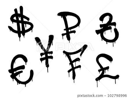 Currency icons set. Black spray graffiti symbols of currency with smudges over white background. Vector illustration. Currency icons set. Black spray graffiti symbols of currency with smudges over white background. Vector illustration. 102798996