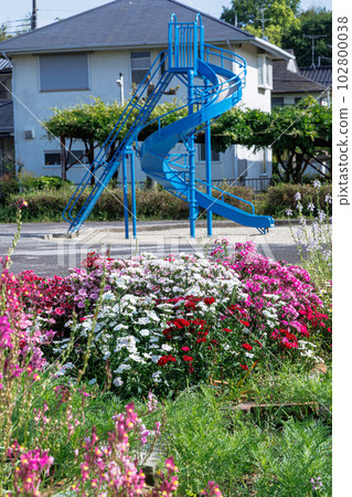 新綠季節的兒童公園 五顏六色的花壇、滑梯和紫藤架③ 新綠季節的兒童公園 五顏六色的花壇、滑梯和紫藤架③ 102800038