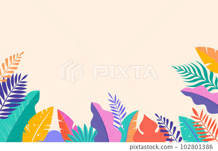 Summer background, abstract design with tropical leaves, colorful shapes 102801386