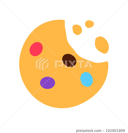 Crunchy cookie with colorful candy and chips isolated on white background. Gourmet crispy meal sign or logo flat design. Baked wholemeal wheat dessert with crumb. Healthy breakfast illustration 102801809