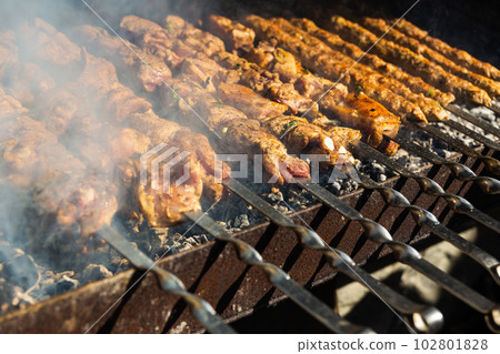 Pieces of delicious barbecued meat on skewer cooking on hot coals. 102801828