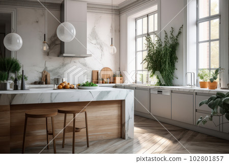 Sophisticated kitchen interior with a modern design and luxurious walnut countertop, creating a functional and inviting space. AI Generative. 102801857