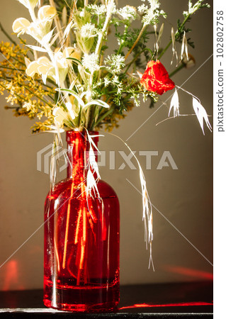 Bouquet of wildflowers and grasses in a bright red clear glass vase. Modern decor for rural home. Beautiful floral arrangement. A gift for Mother's Day holiday. Red shadows on a wall. Floral postcard. Bouquet of wildflowers and grasses in a bright red clear glass vase. Modern decor for rural home. Beautiful floral arrangement. A gift for Mother's Day holiday. Red shadows on a wall. Floral postcard. 102802758