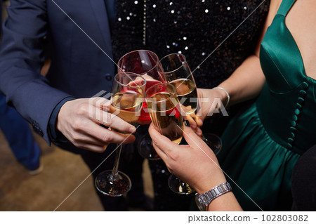 Clinking glasses with alcohol and toasting, party. 102803082
