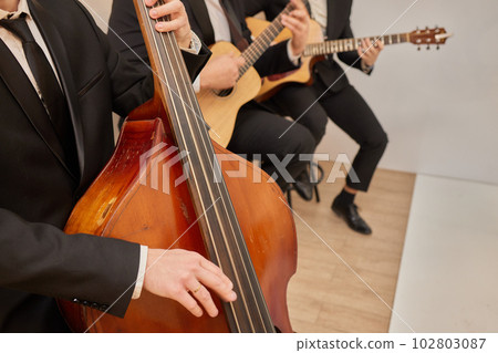 Concert view of a contrabass violoncello player with vocalist and musical band during jazz orchestra band performing music, violoncellist cello jazz player on stage. 102803087