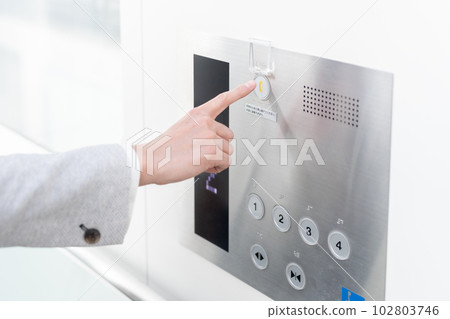 按下電梯緊急呼叫按鈕並發出 SOS 的人的手 102803746