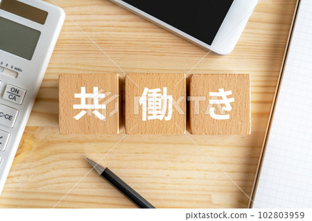 A block written as co-working, a calculator, a smartphone, a notebook, a pen 102803959