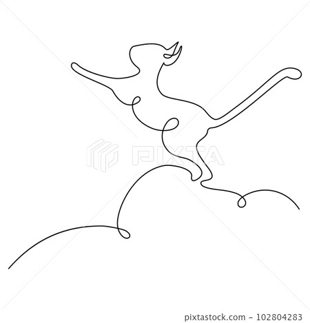 Abstract image of a cat jumping up drawing in one continuous line. Happy cat day. Minimalist art. 102804283