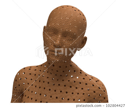 3D render portrait of a gold bald woman on a white background. 3D render portrait of a gold bald woman on a white background. 102804427