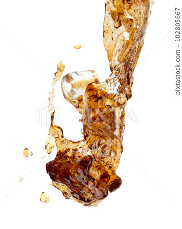 Coffee drink water mix ice cube fall pouring down in Shape form line of espresso black coffee splashes into drop soda cola attack fluttering in air, stop motion freeze shot. Splash coffee cola drink Coffee drink water mix ice cube fall pouring down in Shape form line of espresso black coffee splashes into drop soda cola attack fluttering in air, stop motion freeze shot. Splash coffee cola drink 102805667