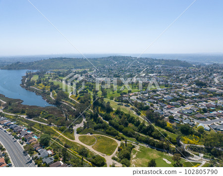 Aerial view of house around Lake Murray reservoir in San Diego, California Aerial view of house around Lake Murray reservoir in San Diego, California 102805790