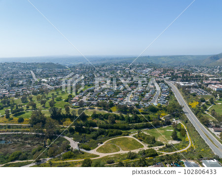 Aerial view of house in La Mesa City in San Diego, California Aerial view of house in La Mesa City in San Diego, California 102806433