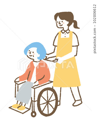 A caregiver woman pushing a wheelchair _ color A caregiver woman pushing a wheelchair _ color 102806612