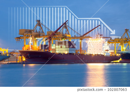Cargo ship, cargo container and crane at port. Concept of decrease, business. 102807063