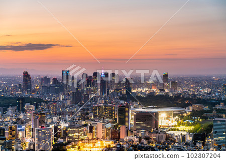 [東京]夕陽鮮明的新宿副中心的街道 102807204