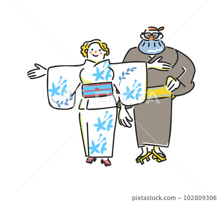 日本的夏季傳統穿著浴衣的外國遊客情侶快樂入境插畫素材 102809306