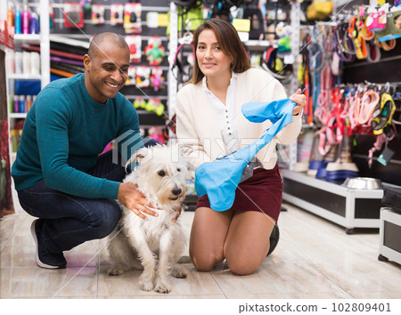 Portrait of couple with dog at pet shop Portrait of couple with dog at pet shop 102809401