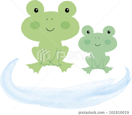 坐在水坑里的青蛙父母和孩子 102810019