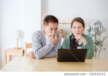 Senior couple using a computer with a troubled expression 102810122