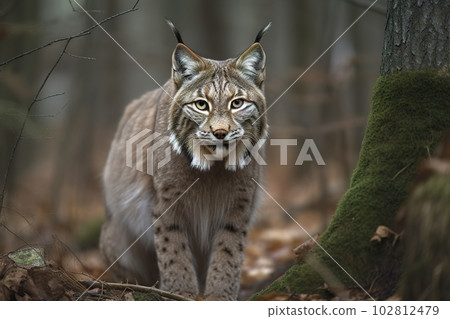 Image of a lynx or bobcat in the forest on natural background. Wild Animals. illustration. Generative AI. 102812479