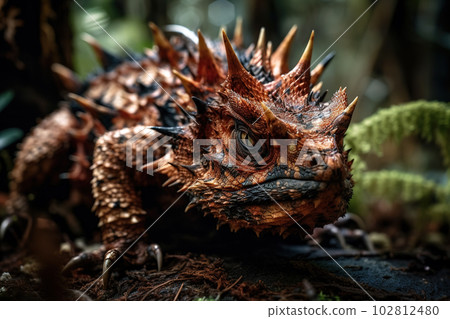 Image of horned lizards in the forest. Reptile. Illustration. Generative AI. 102812480