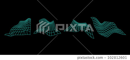 Neon distorted perspective grid pack. Glitch rectangle plane set on dark background. Wavy futuristic elements bundle. Ripple wireframes. Vector abstract pack. Neon distorted perspective grid pack. Glitch rectangle plane set on dark background. Wavy futuristic elements bundle. Ripple wireframes. Vector abstract pack. 102812601