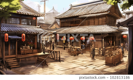 日本風格的城市景觀背景插圖，生成 AI AI 圖像 102813186