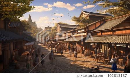 Japanese style cityscape background illustration, Generative AI AI image 102813187