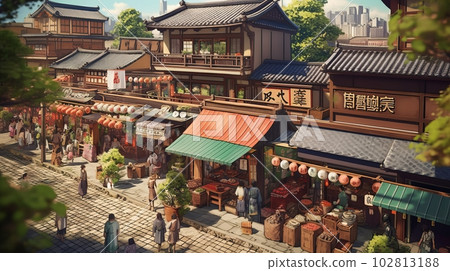 Japanese style cityscape background illustration, Generative AI AI image 102813188