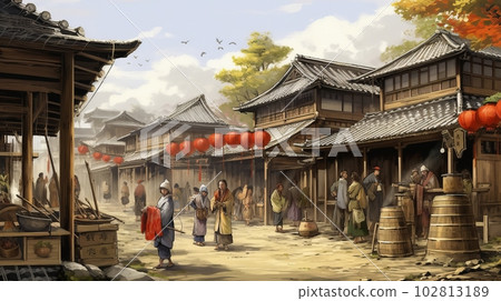 Japanese style cityscape background illustration, Generative AI AI image 102813189