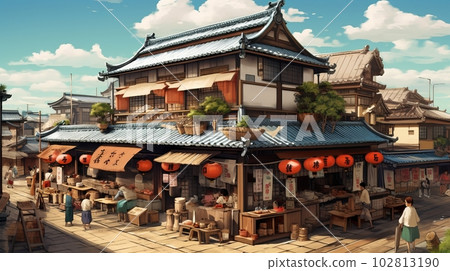 日本風格的城市景觀背景插圖，生成 AI AI 圖像 102813190
