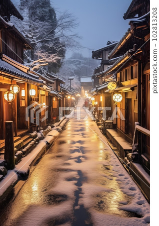 日本風格的城市景觀背景插圖，生成 AI AI 圖像 102813208