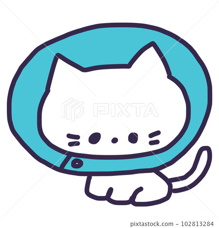 Illustration of a cute white kitten wearing an Elizabethan collar 102813284